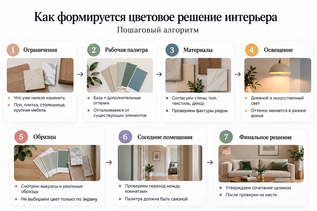 Этапы выбора цветового решения интерьера: от исходных ограничений до финальной проверки палитры
