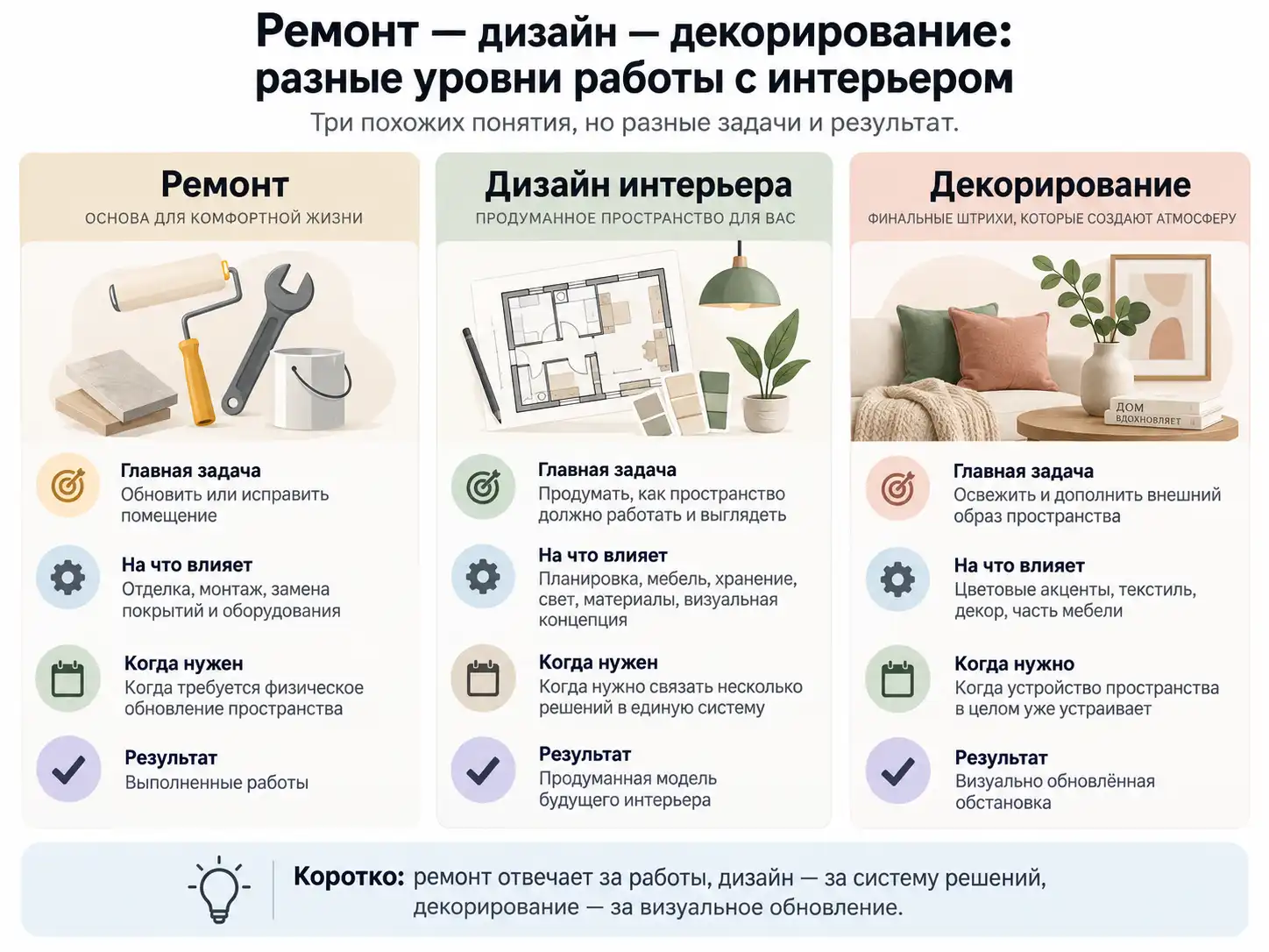 Сравнение ремонта, дизайна интерьера и декорирования по задачам и результату