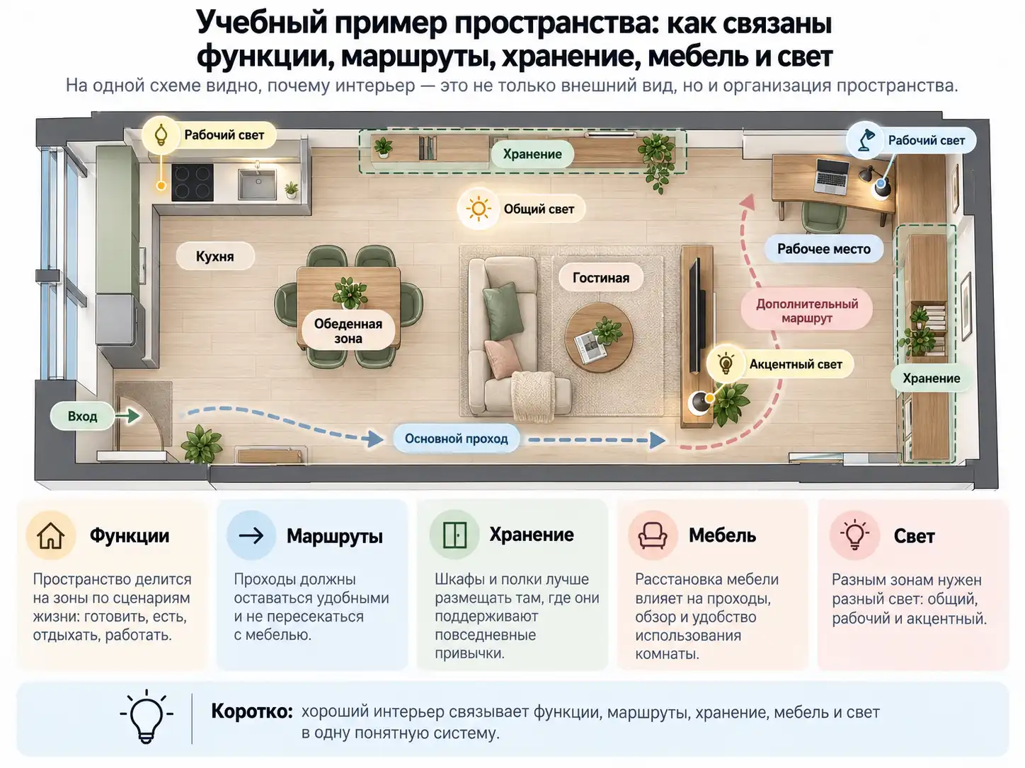 Учебная схема интерьера с функциональными зонами, маршрутами, хранением, мебелью и освещением