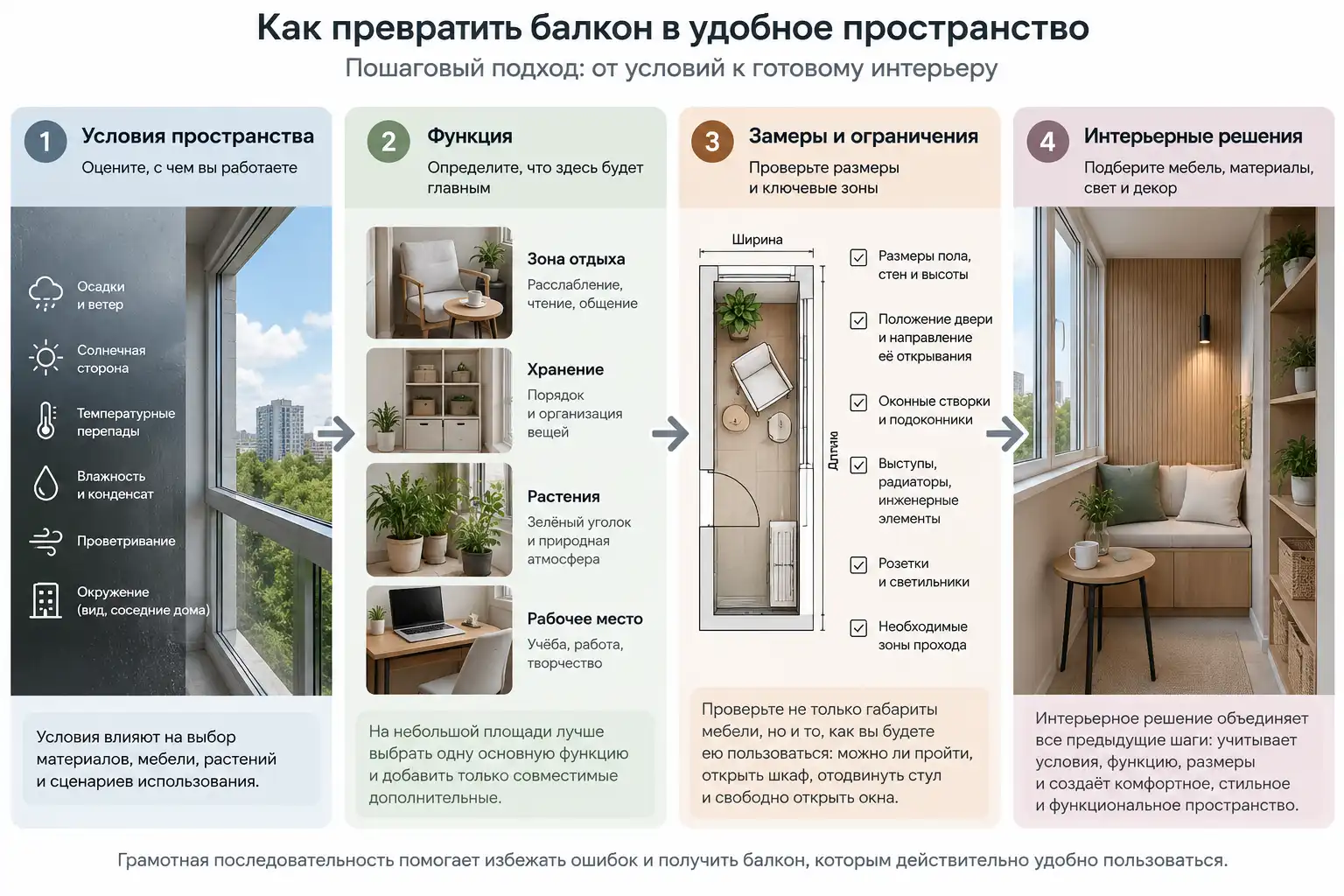 Схема: условия пространства, функция, замеры и ограничения, затем интерьерные решения для балкона