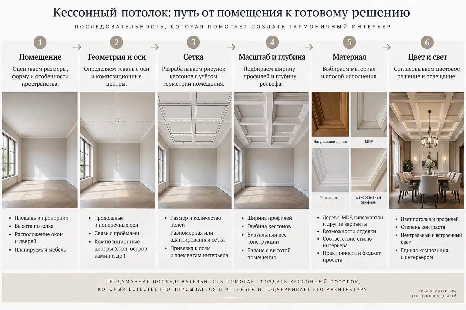 Схема выбора кессонного потолка: от геометрии помещения и сетки до материала, цвета и освещения