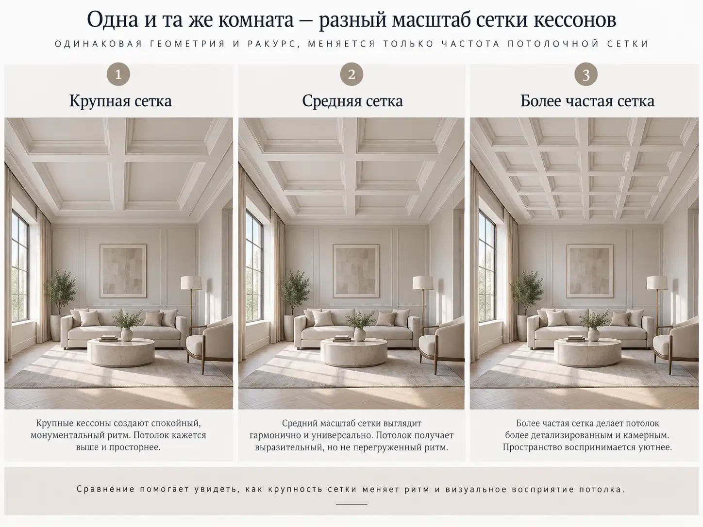 Одна и та же гостиная с крупной, средней и частой сеткой кессонов для сравнения масштаба потолочного рисунка
