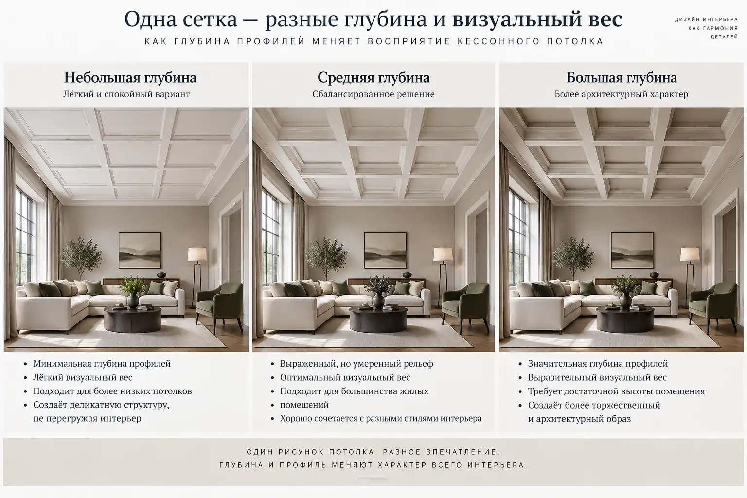 Одна и та же гостиная с одинаковой сеткой кессонов, но разной глубиной и визуальным весом профилей