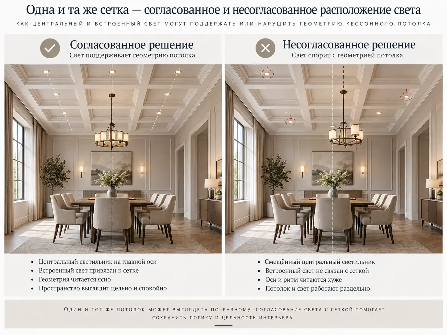 Сравнение согласованного и несогласованного расположения люстры и встроенного света относительно сетки кессонного потолка