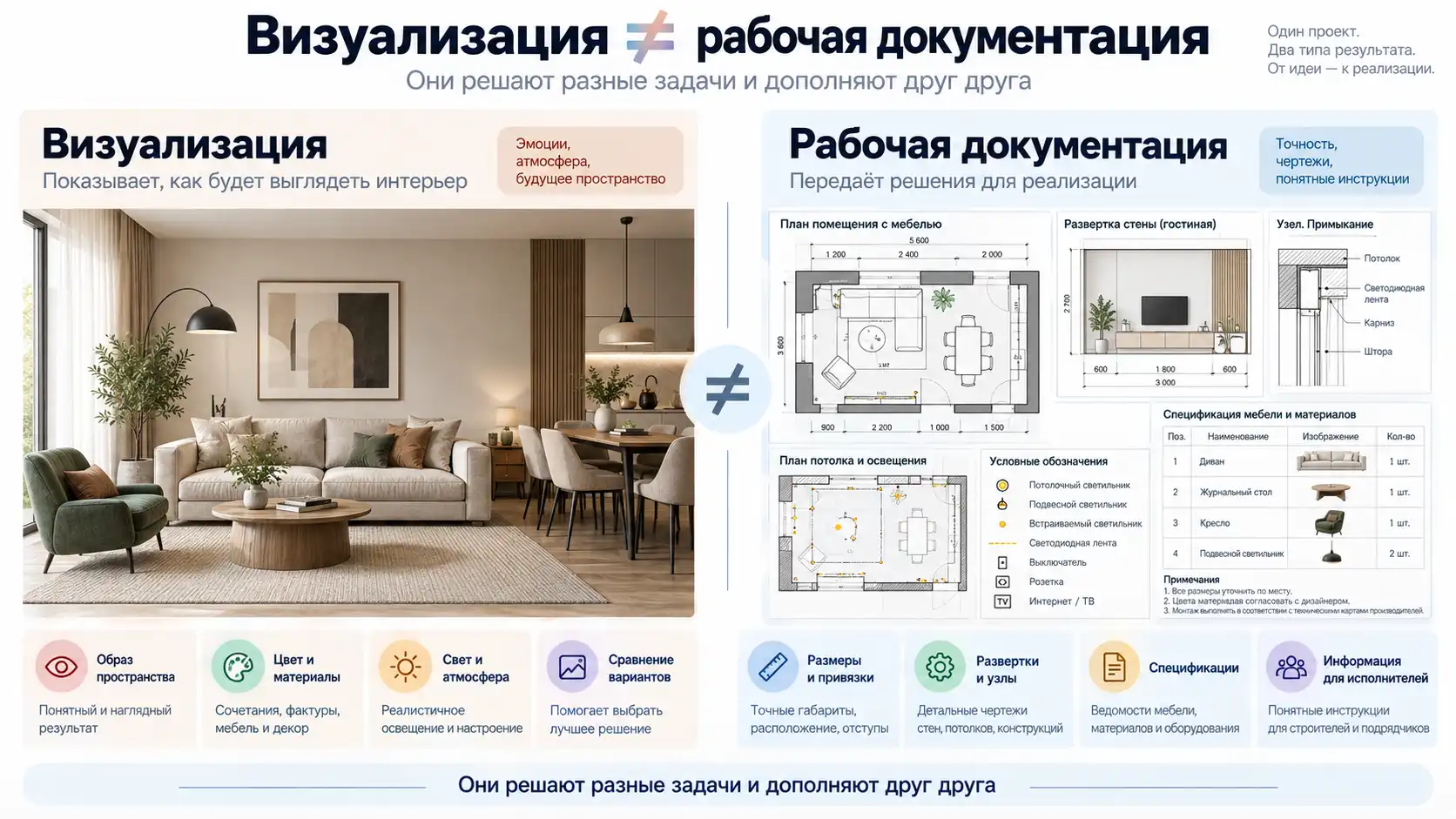 Сравнение визуализации интерьера и рабочей документации: планы, развертки, узлы и спецификация