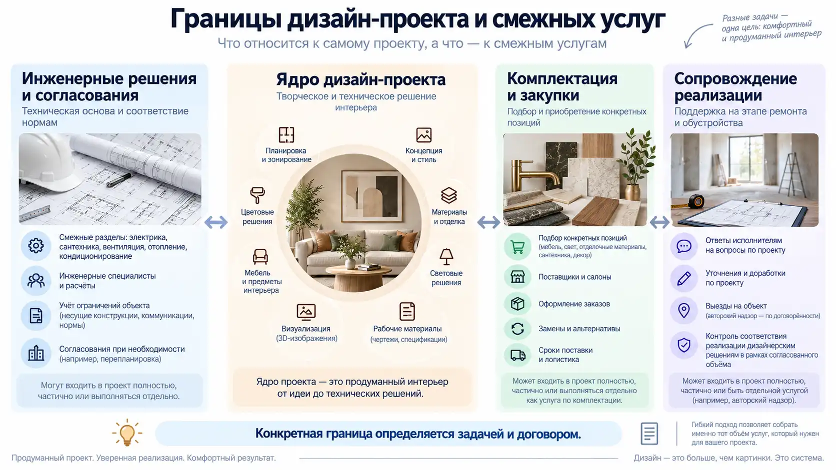 Границы дизайн-проекта: интерьерные решения, инженерные согласования, комплектация и сопровождение реализации зависят от задачи и договора