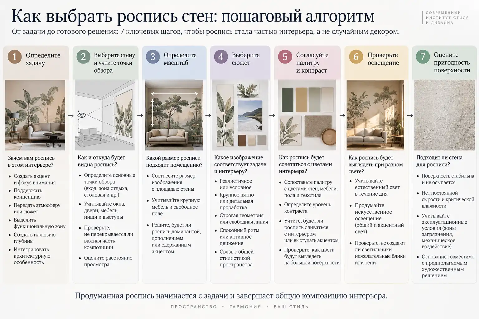 Схема выбора росписи стен: от задачи и точек обзора до масштаба, сюжета, палитры, света и пригодности поверхности