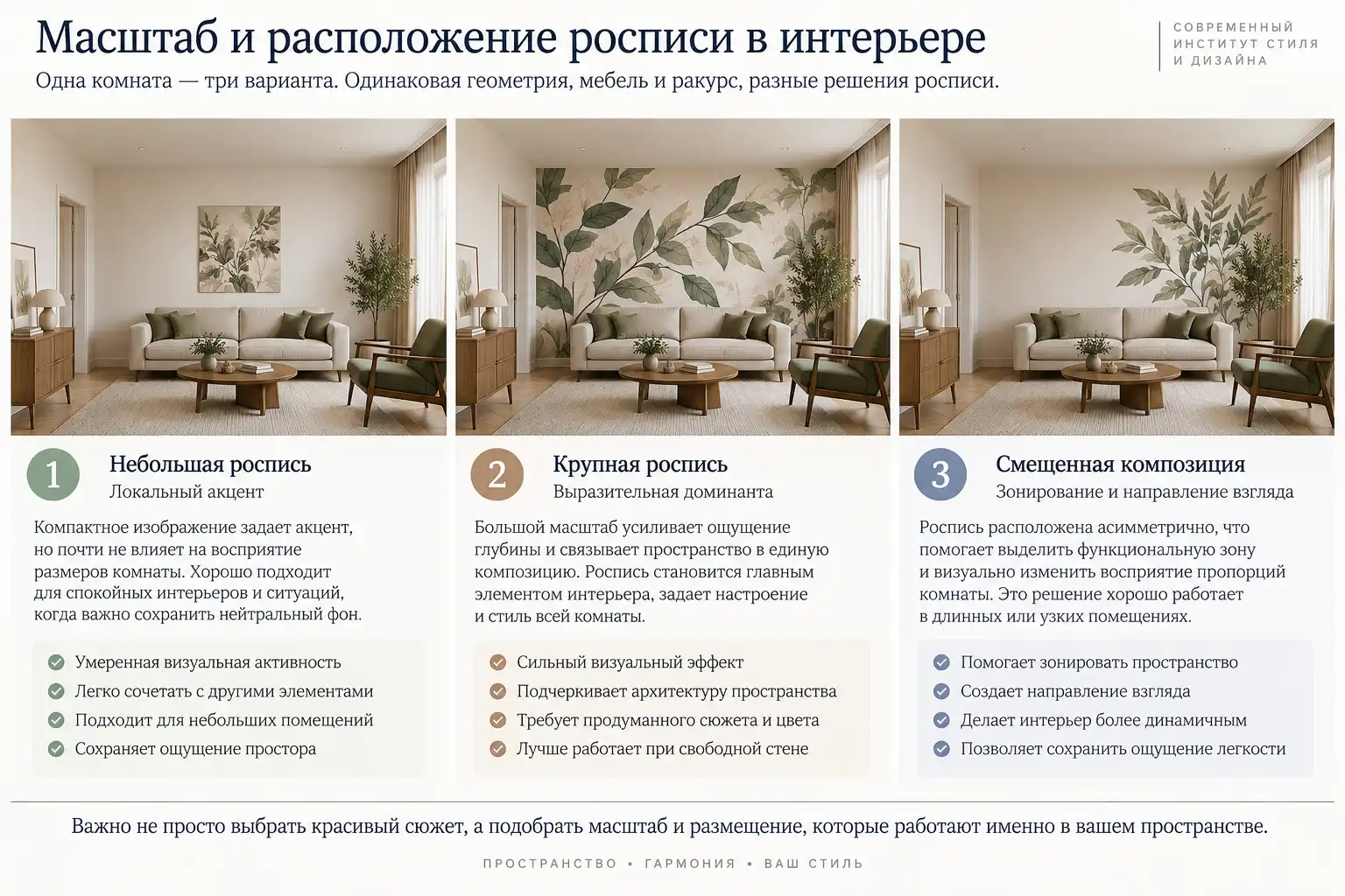 Одна гостиная с тремя вариантами масштаба и расположения настенной росписи при одинаковой геометрии и мебели