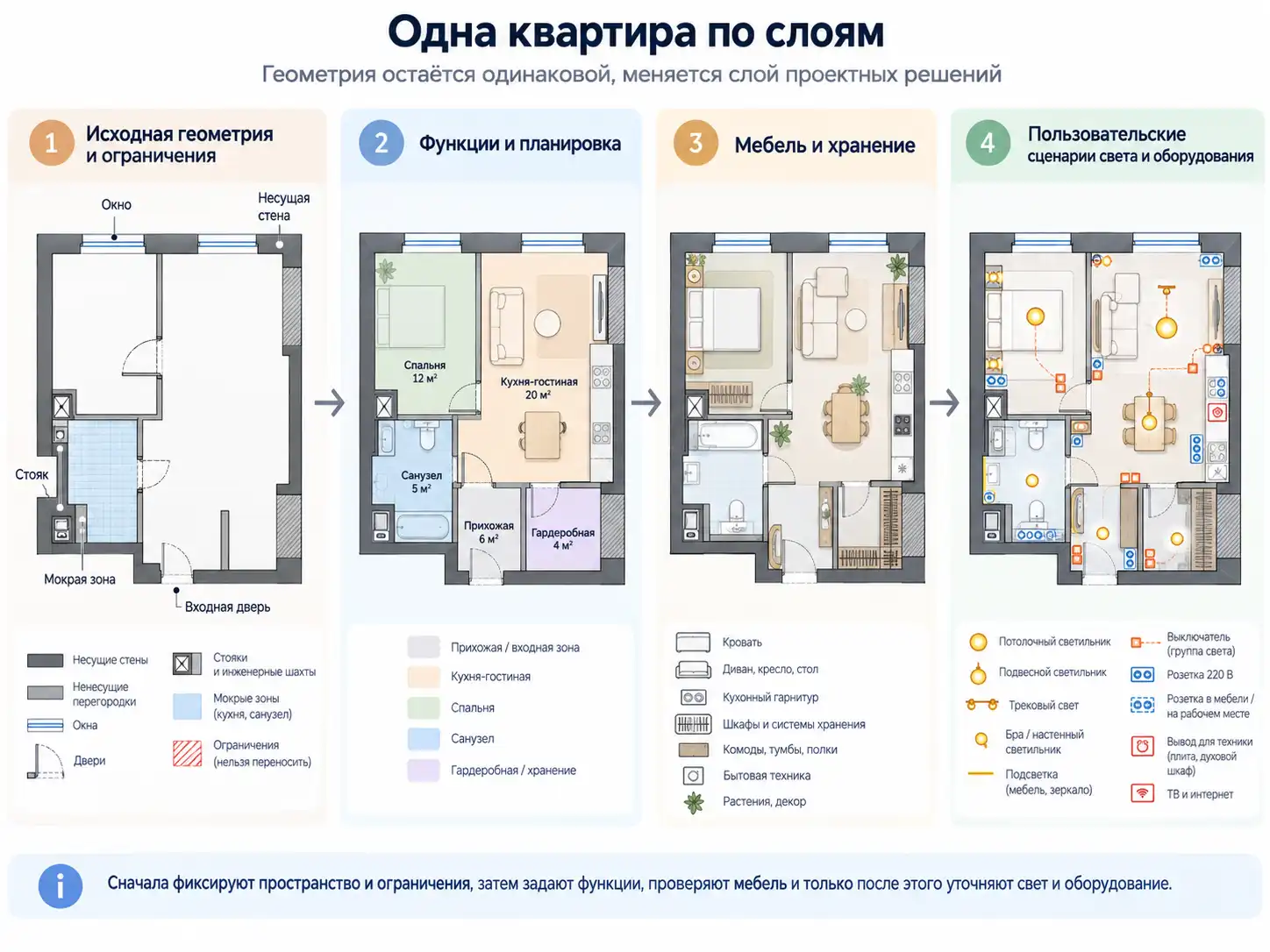 Одна квартира по слоям: исходная геометрия, планировка, мебель, хранение, свет и оборудование