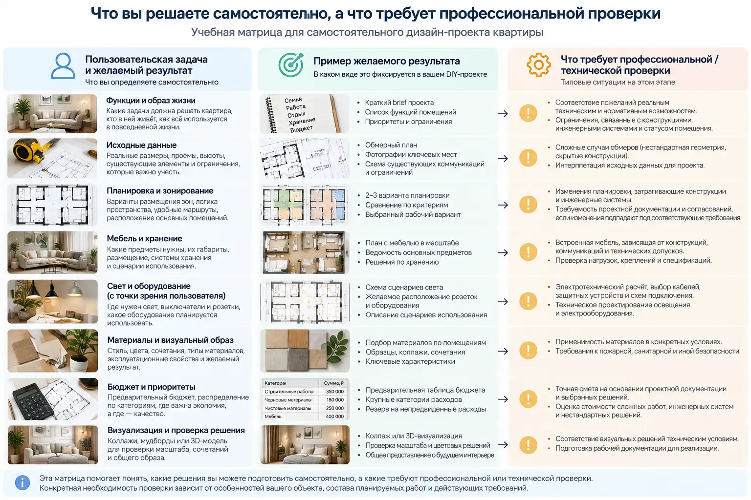 Матрица самостоятельных интерьерных решений и ситуаций, требующих профессиональной или технической проверки