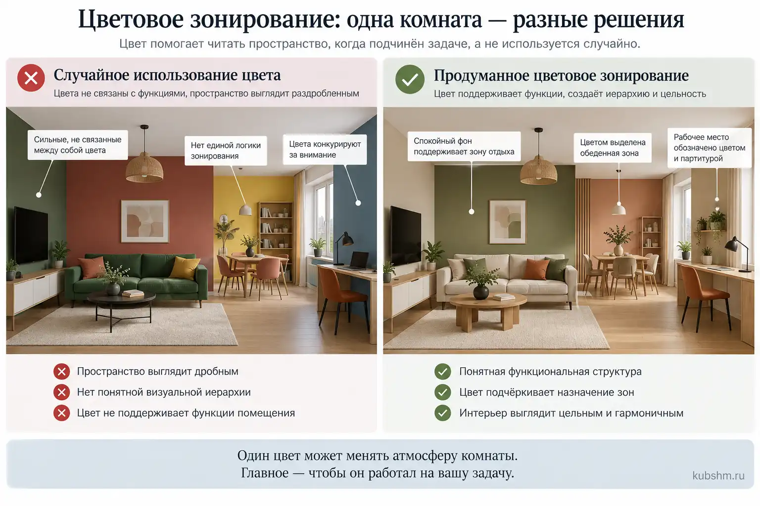 Сравнение случайного и продуманного цветового зонирования одной комнаты