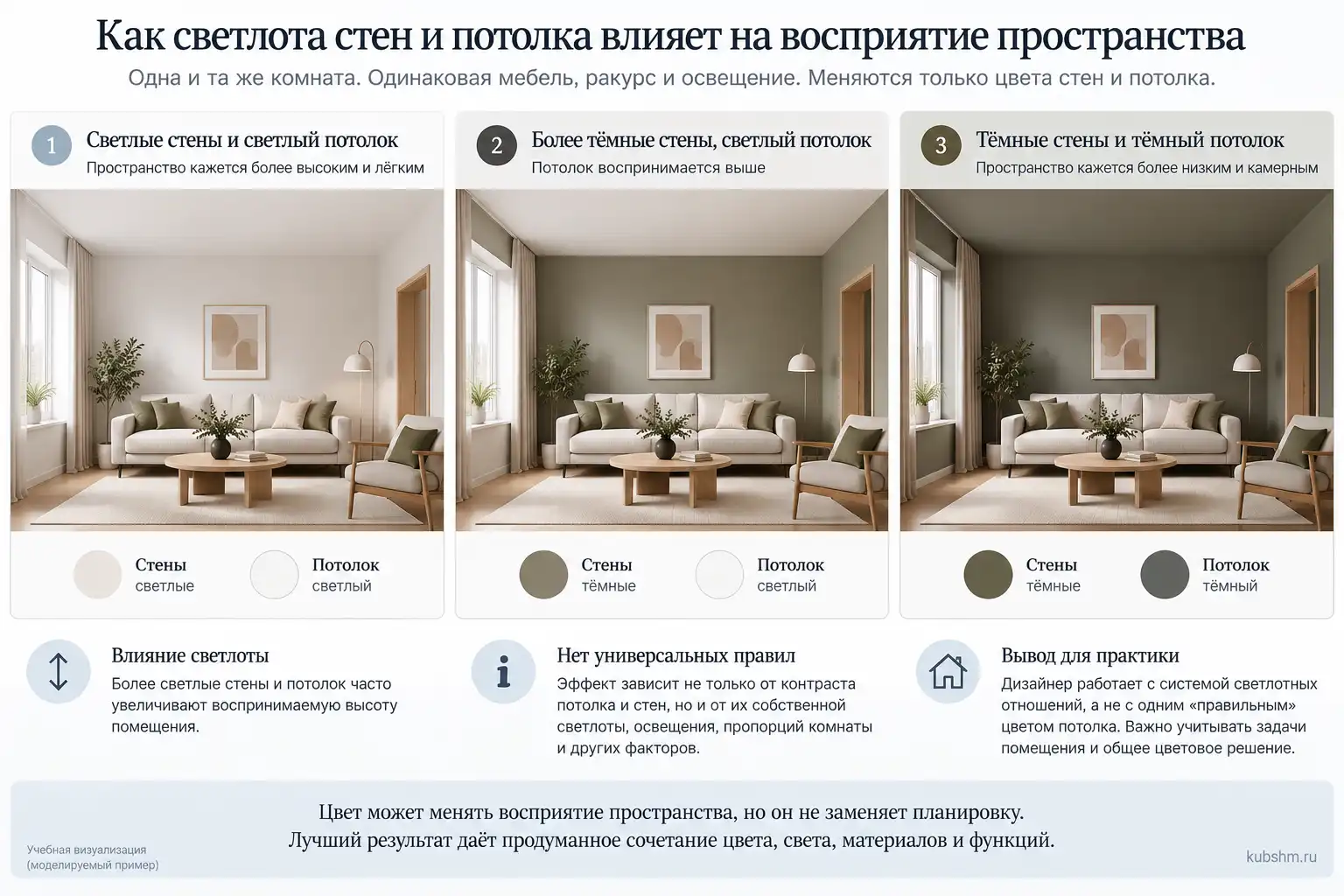 Одна комната с разной светлотой стен и потолка для сравнения восприятия пространства